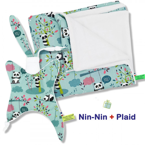 Cobija y caja de nacimiento a cuadros Panda. Original y fabricado en Francia. Doudou Nin-Nin