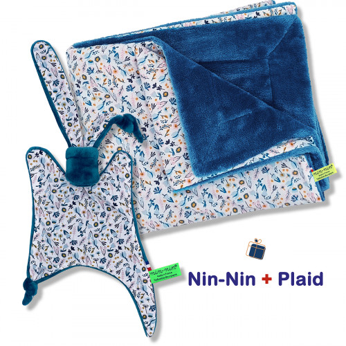 Cobija y caja de nacimiento a cuadros Mayeul. Original y fabricado en Francia. Doudou Nin-Nin