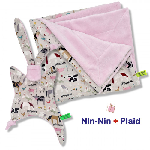 Cobija y caja de nacimiento a cuadros. Original y fabricado en Francia. Doudou Nin-Nin