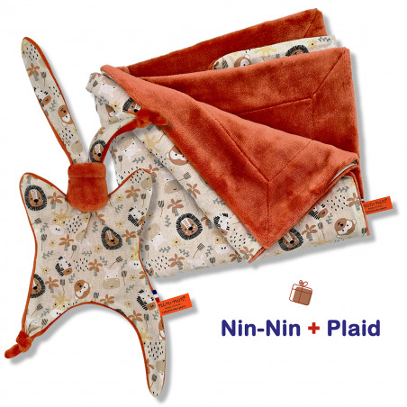 Cobija y caja de nacimiento a cuadros. Original y fabricado en Francia. Doudou Nin-Nin