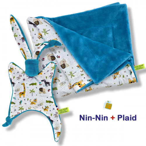 Cobija y caja de nacimiento a cuadros. Original y fabricado en Francia. Doudou Nin-Nin