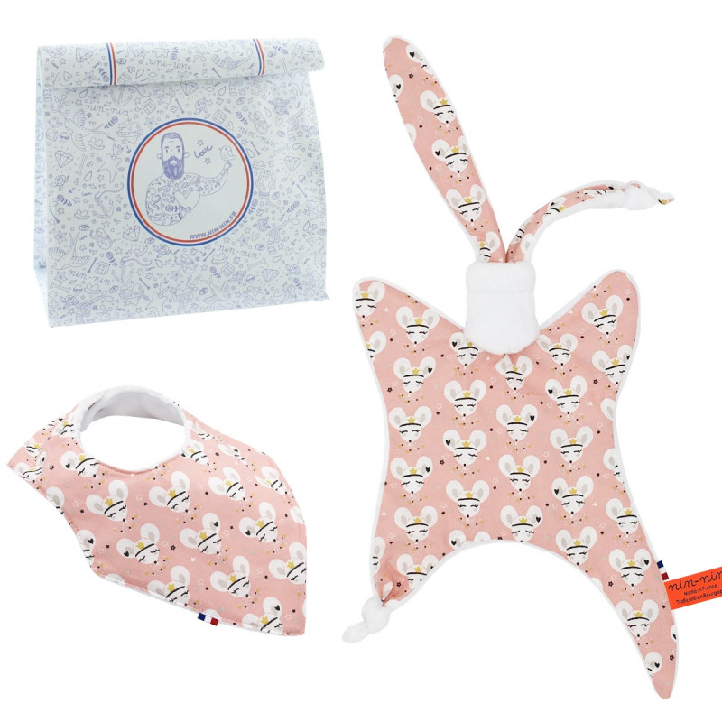 Coffret de naissance doudou et bavoir souricette Coffret de naissance doudou et bavoir souricette