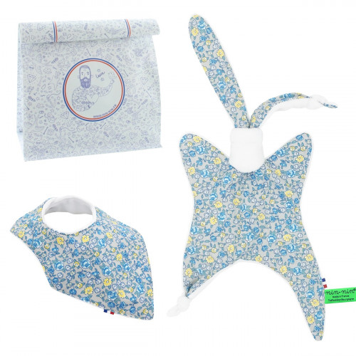 Coffret de naissance doudou et bavoir Liberty bleu