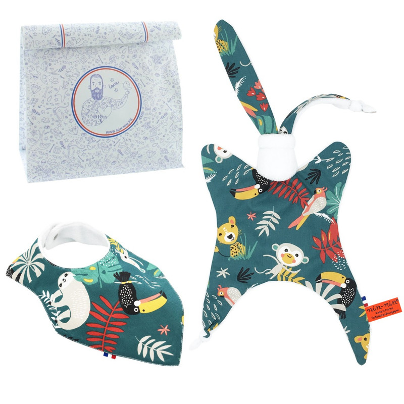 Cadeau de naissance doudou et bavoir Le Tropical. Original et fabriqué en France Cadeau de naissance doudou et bavoir Le Tropical. Original et fabriqué en France