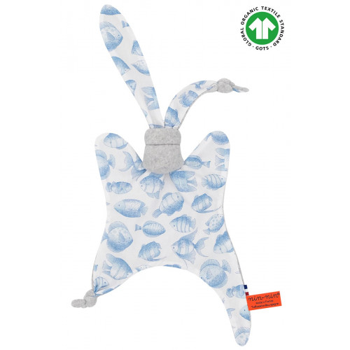 Doudou Bio Le Poiscaille. Cadeau de naissance GOTS, original et made in France