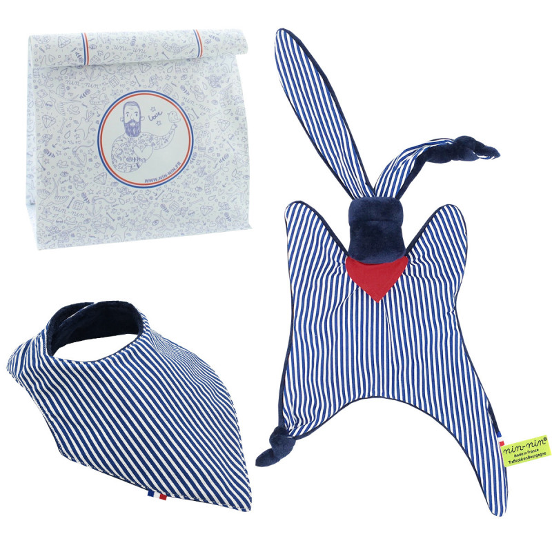 Coffret de naissance doudou et bavoir Jean Paul Gaultier. Original et fabriqué en France. Marque Nin-Nin Coffret de naissance doudou et bavoir Jean Paul Gaultier. Original et fabriqué en France. Marque Nin-Nin