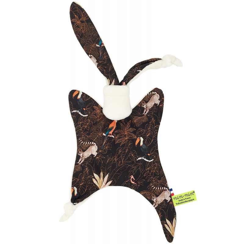 Doudou Le Guyane. Imprimé perroquet, toucan, lémurien. Cadeau de naissance personnalisable et made in France. Nin-Nin Doudou Le Guyane. Imprimé perroquet, toucan, lémurien. Cadeau de naissance personnalisable et made in France. Nin-Nin