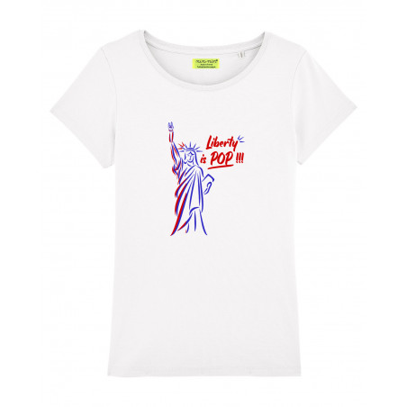 T-shirt blanc pour femme brodé Statue de la liberté. Fabrication Française