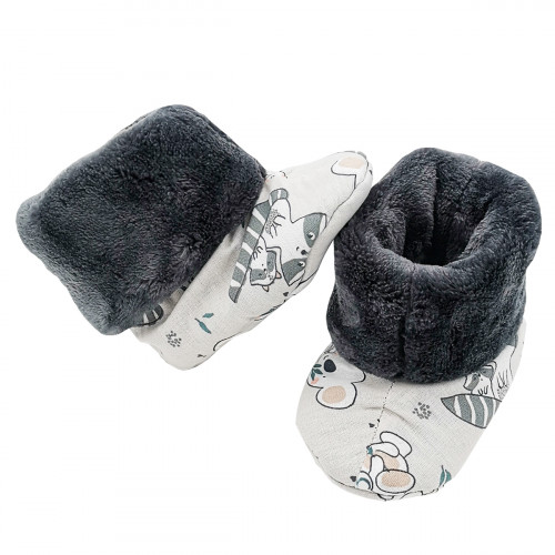 Pantuflas de boton alto "Le Raccoon" para bebés. Regalo de nacimiento Hecho en Francia. Nin-Nin