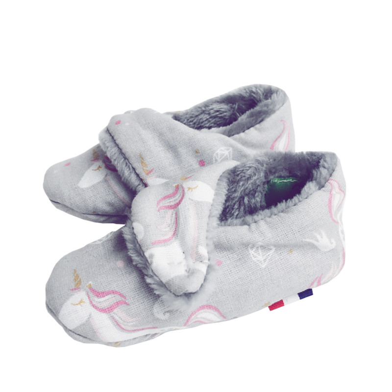 Zapatillas de casa "El Unicornio". Regalo nacimiento infantil Made in France. Doudou Nin-Nin