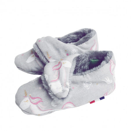 Zapatillas de casa "El Unicornio". Regalo nacimiento infantil Made in France. Doudou Nin-Nin
