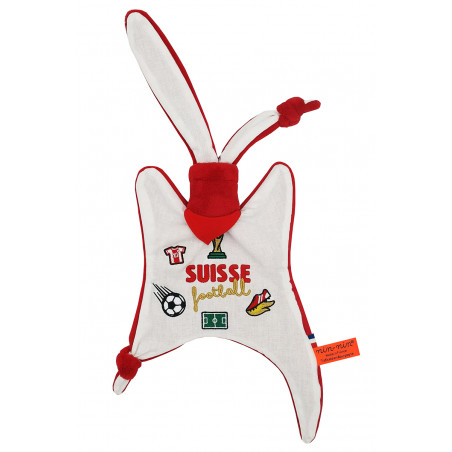 Doudou Fútbol Suisse. Copa Mundial de la FIFA 2022. Regalo de nacimiento personalizado hecho en Francia. Doudou Nin-Nin