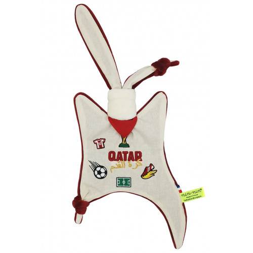 Doudou Fútbol Qatar. Copa Mundial de la FIFA 2022. Regalo de nacimiento personalizado hecho en Francia. Doudou Nin-Nin